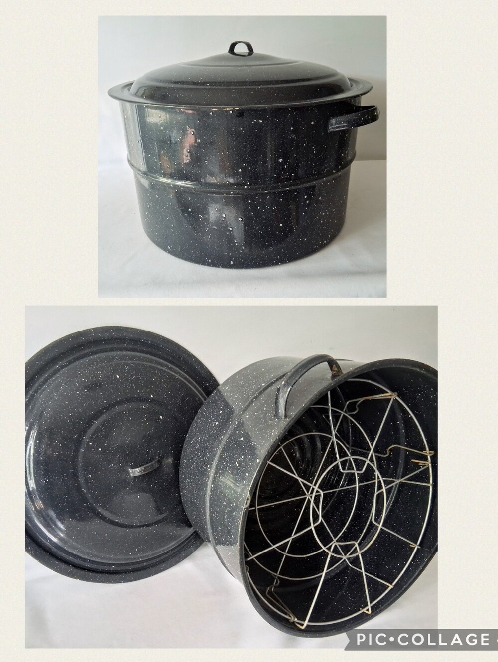 Vintage Enamelware Canning Pot - Blue & White Pot w/ Lid & Canning Racks